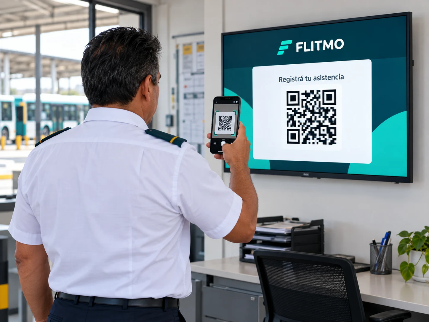 Conductor de espaldas escaneando con su teléfono el QR de FLITMO en una pantalla montada en la pared