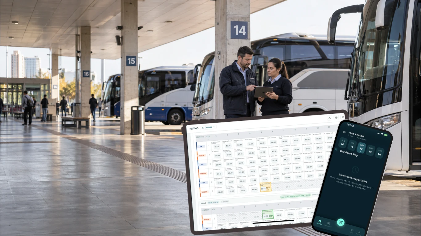 Plataforma de diagramación y app FLITMO frente a una terminal de ómnibus con personal trabajando con una tablet