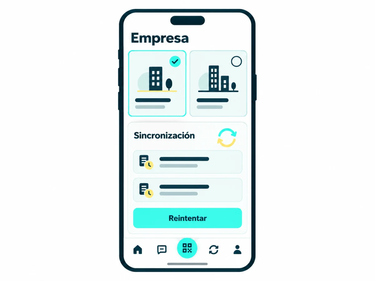Ilustración de la app con selección de empresa y tareas de sincronización