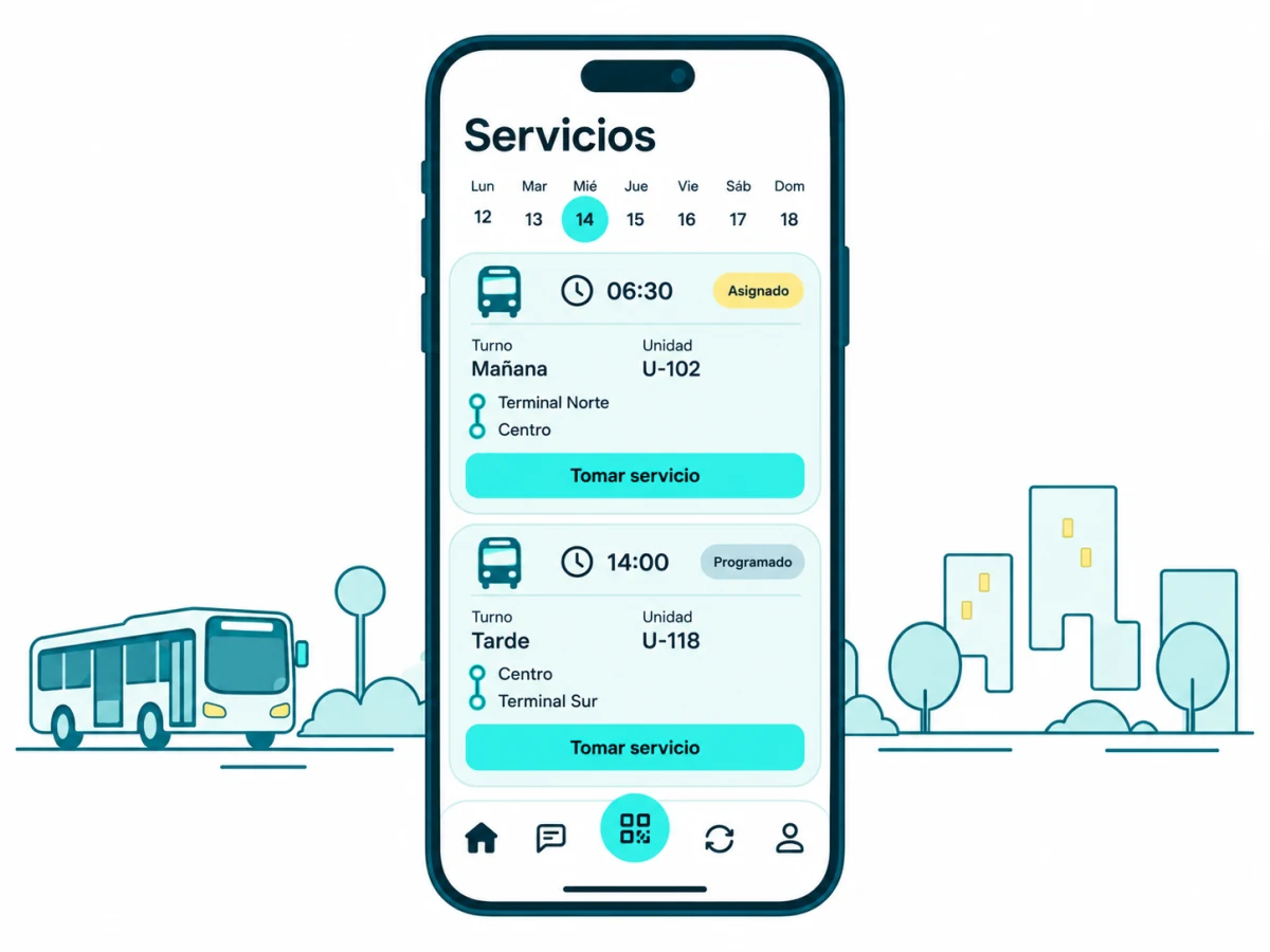 Ilustración de la app del conductor con agenda y toma de servicios