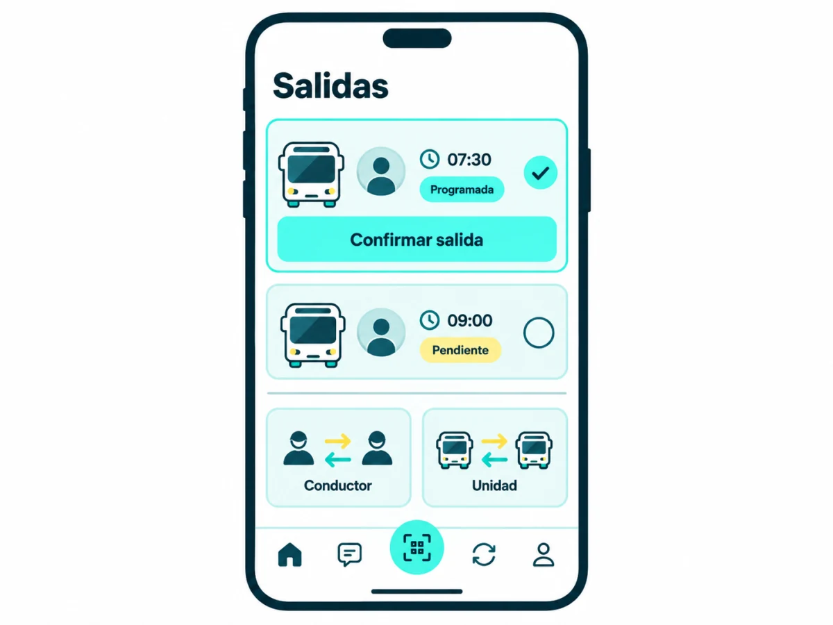 Ilustración de la app del largador con confirmación de salidas y reemplazos