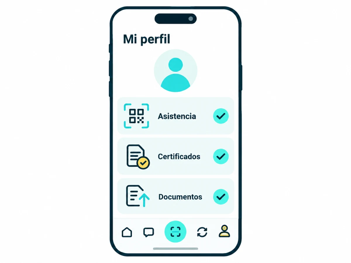 Ilustración de la app del personal con asistencia, certificados y documentos