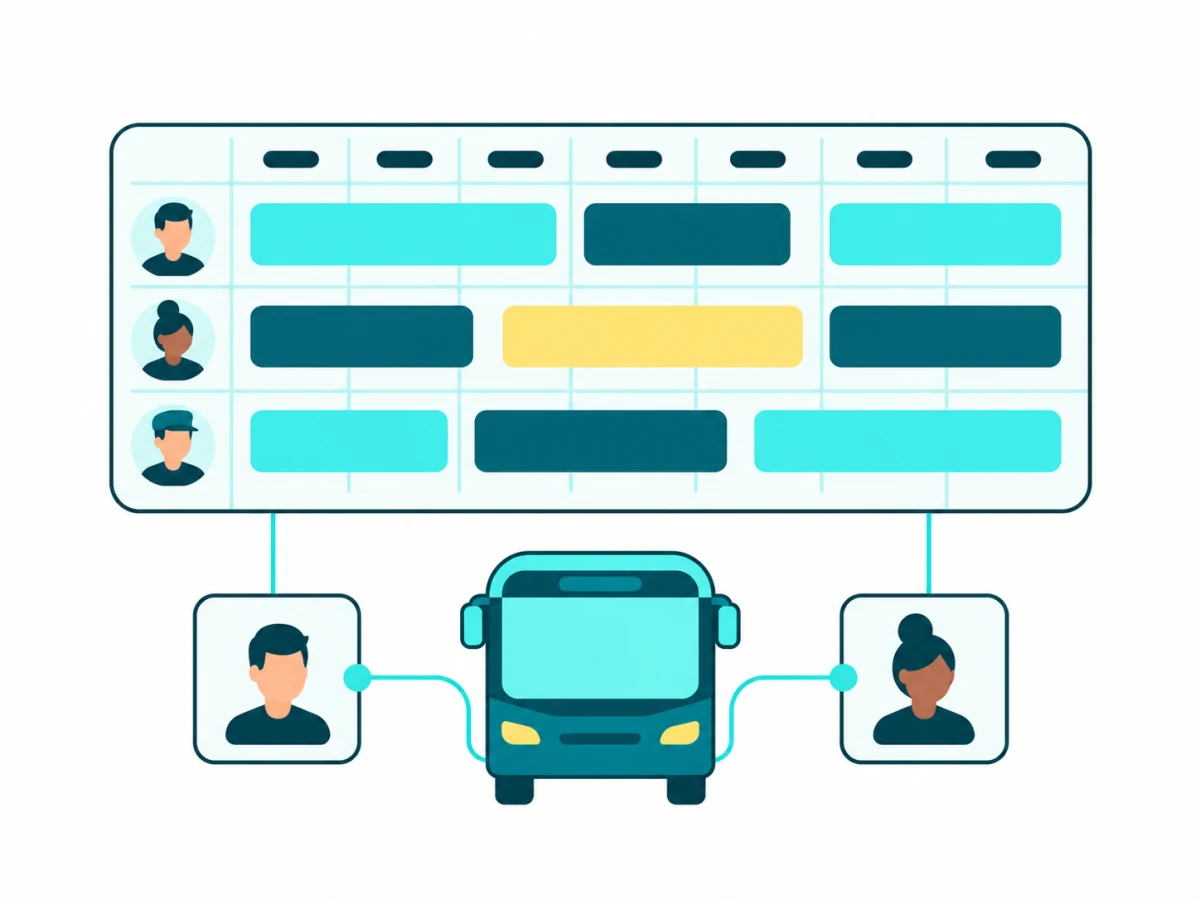 Ilustración de un calendario de servicios conectado con conductores y un vehículo