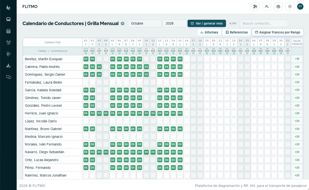 Calendario mensual de conductores en la Plataforma Web FLITMO