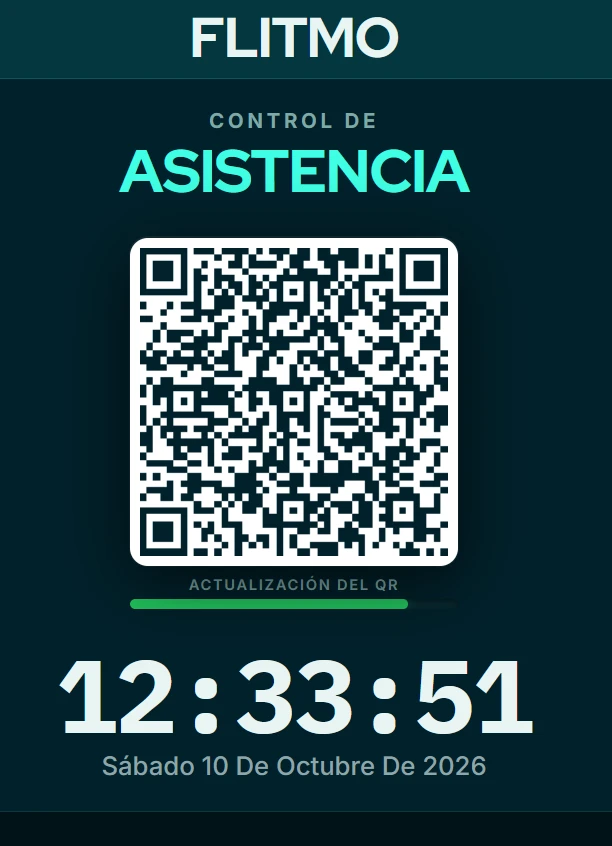 Pantalla completa de control de asistencia de FLITMO con código QR y hora