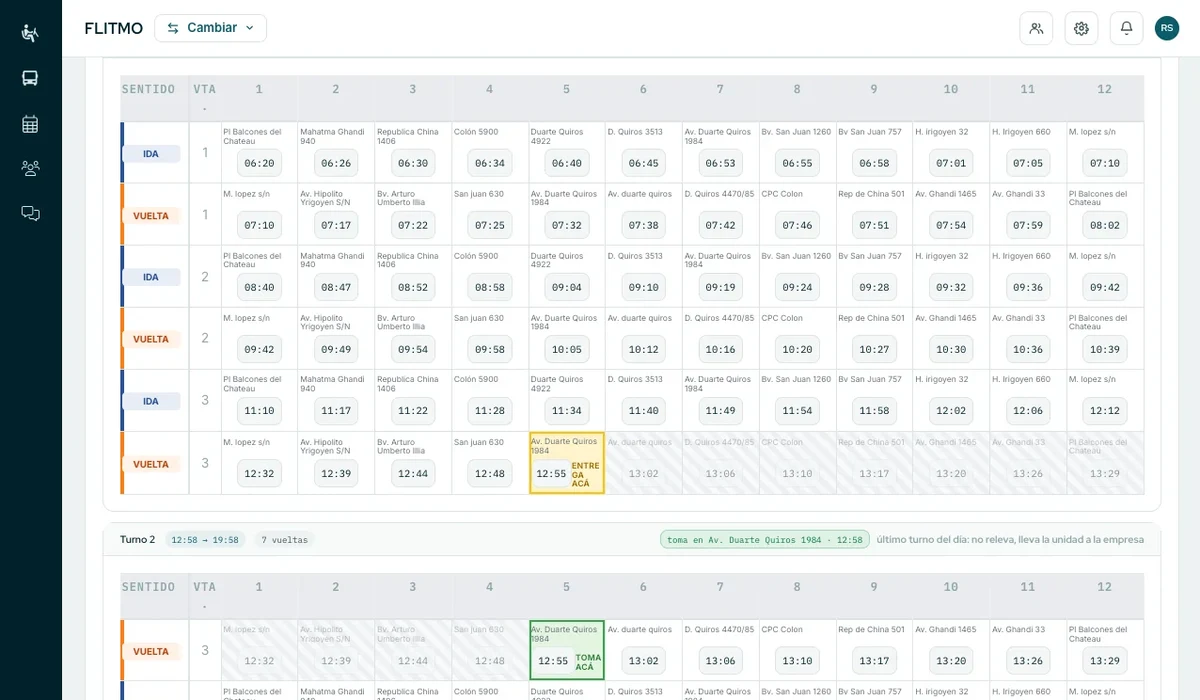 Diagramación de líneas, servicios y turnos en FLITMO