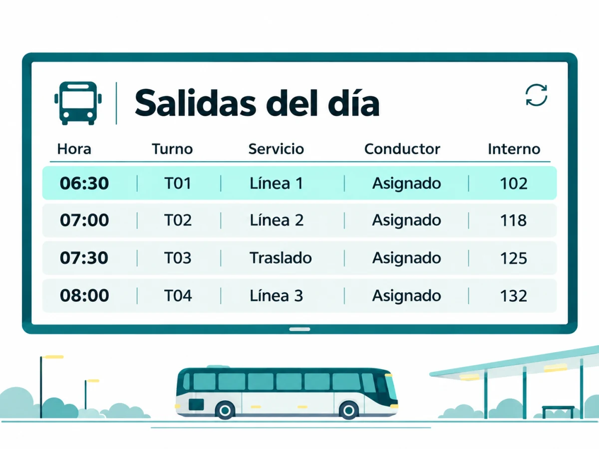 Ilustración de una pantalla con las salidas del día, horarios, servicios, conductores e internos